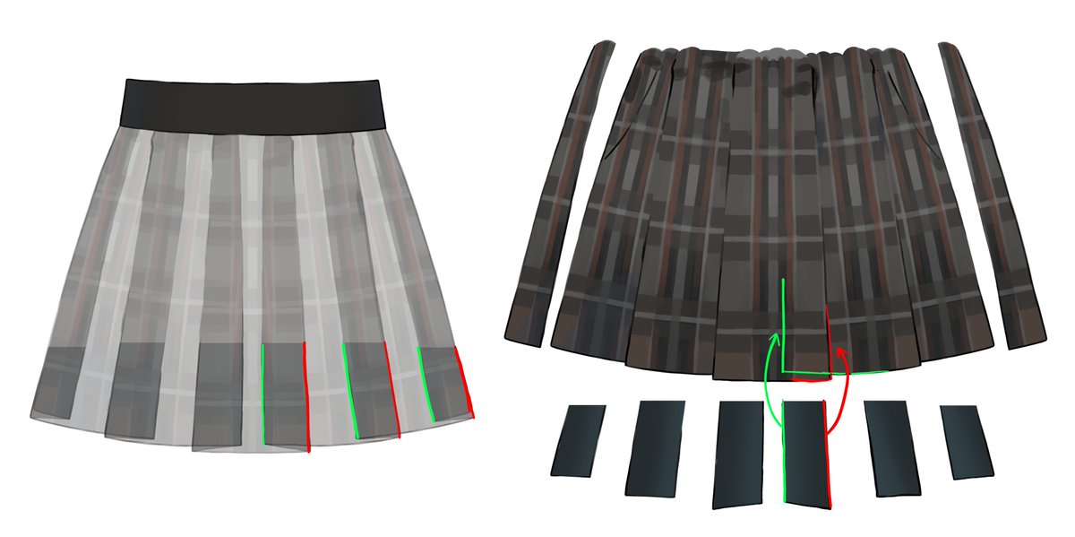 질문자가 계셔서 보충설명을 해봅니다. 부끄럽네융

파츠는 끊어져있지만 실제 천은 지그재그로 이어져있기 때문에, 각 파츠간의 접힌 부분과 형태가 일치하도록 안감 파츠를 사이에 배치합니다. 그리고 해당하는 면에 GLUE를 사용하여 접합시킵니다.
Because the parts are broken, but the actual
