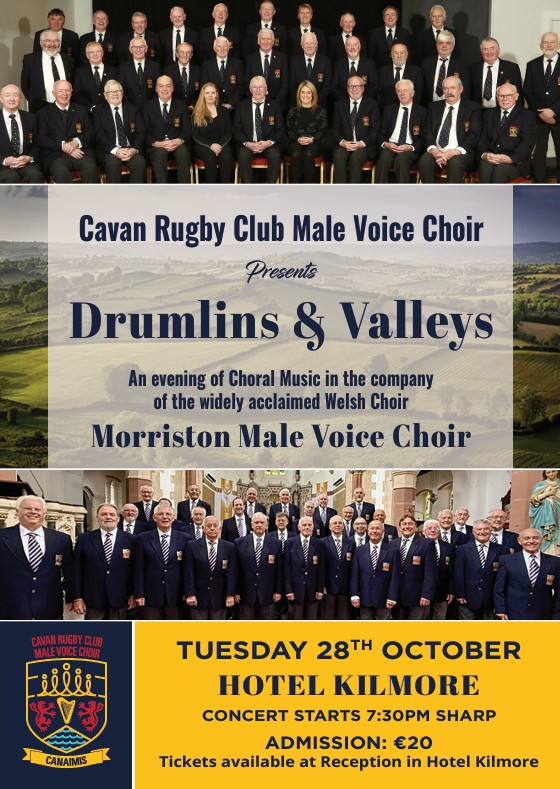It is with great excitement, we can announce this concert, Drumlins &amp; Valleys, in the Kilmore hotel where we will be joined by the Internationally renowned Welsh choir, the <a href="/MorristonRFCChr/">Morriston RFC Choir</a> It has all the promise of a very special event, indeed. <a href="/cavanarts/">Cavan Arts</a> <a href="/HotelKilmore/">Hotel Kilmore</a>