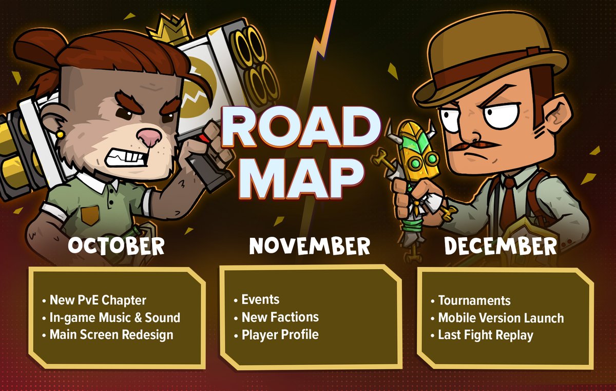 Fight_Me_Club's tweet photo. 🗺️ Roadmap Update: October — December

Summer’s been busy. We’ve crossed out a few big items — PvE, quests, new faction, web version’s updated.

What’s next: music, fight replays, events, tournaments — and more.

Check the full roadmap 👇

What are you the most hyped for?