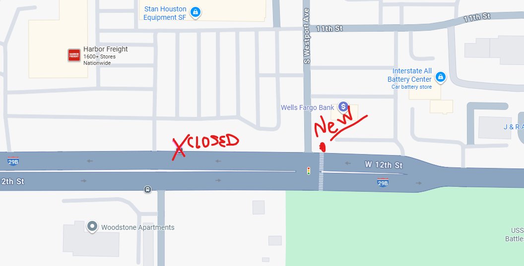GRAY IMMEDIATE CHANGE: The shelter at 12th/Westport (Stan Houston) is PERMANENTLY CLOSED. The stop has been MOVED to 12th/ Westport NE (Wells Fargo)