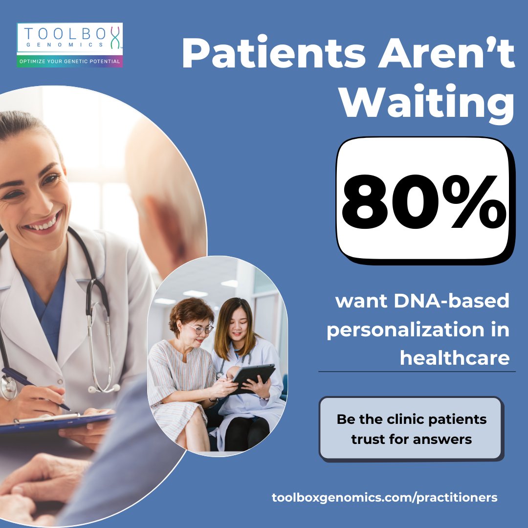 toolboxgenomics's tweet photo. 📊 Patients aren’t waiting—they’re demanding answers.

A recent Deloitte survey shows 80% of patients want DNA-based personalization in healthcare.
This isn’t a trend. It’s a market shift.

With Toolbox Genomics, you can deliver answers they’ll understand—backed by science, written in everyday language.

Be the clinic that patients trust for the answers they’re already searching for.
👉 https://t.co/rg3mvrZ3Z6

#PatientDemand #ToolboxGenomics #PrecisionHealth #DNAInPractice #HealthcareTrends
