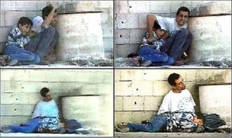 binarypower's tweet image. 25 years ago (30th of September, 2000), Israeli forces shot and killed 12-year-old Muhammad al-Durrah.  Captured by France 2, shows his father trying to shield him from the hail of bullets.