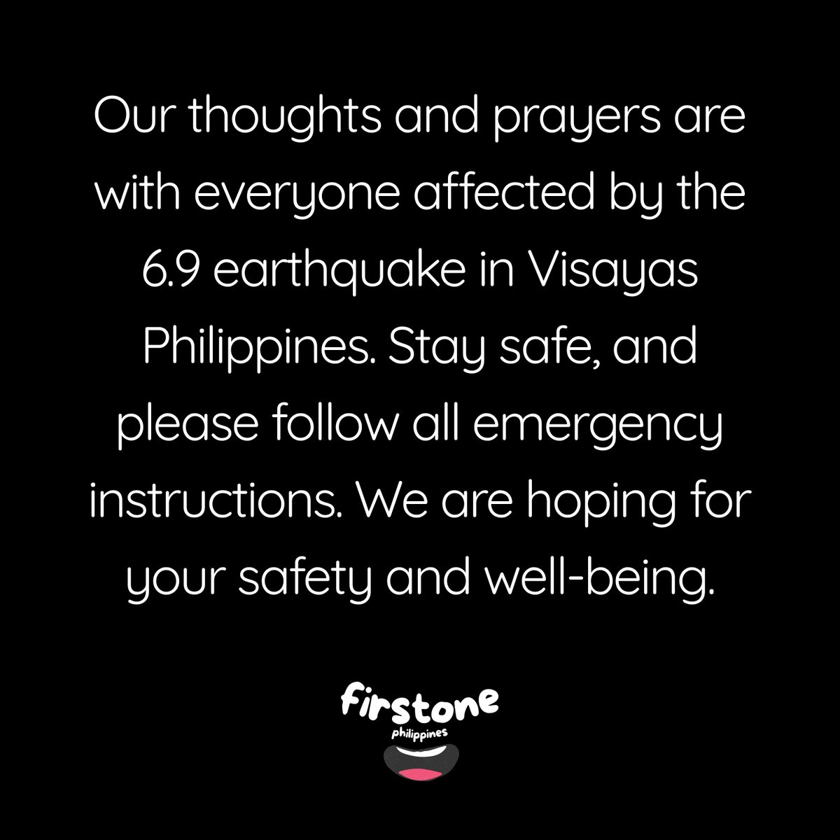 FirstOnePH's tweet photo. Our thoughts and prayers are with everyone affected by the 6.9 strong earthquake in Visayas.
#EarthquakePH #EarthquakePhilippines #firstone #FirstOnePhilippines https://t.co/lwmZfvCBeI