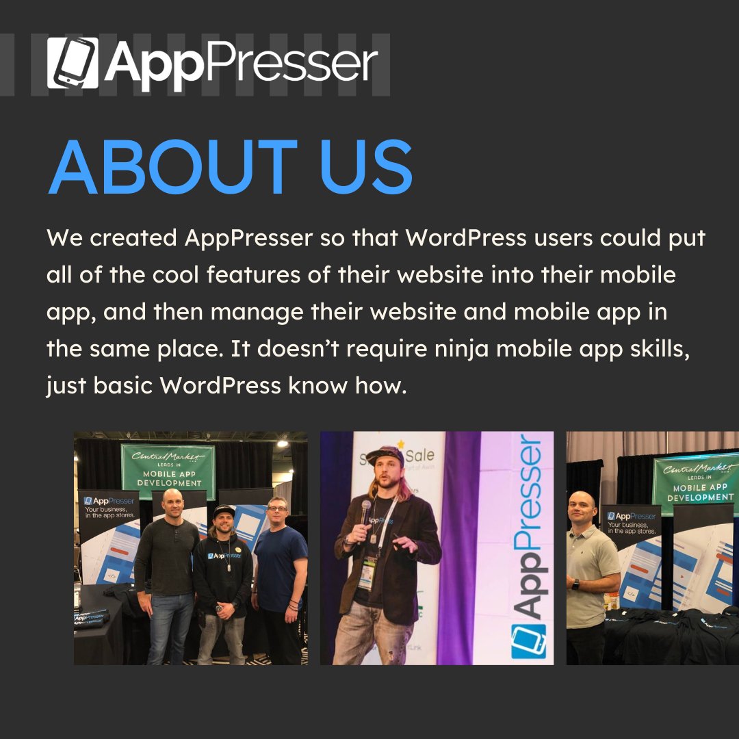 apppresser's tweet image. We created AppPresser so WordPress users like you can turn your websites into powerful mobile apps without needing to be a mobile developer.
Manage your site and app in one place. No ninja skills required, just WordPress know-how.
Visit our pricing page: apppresser.com/pricing/