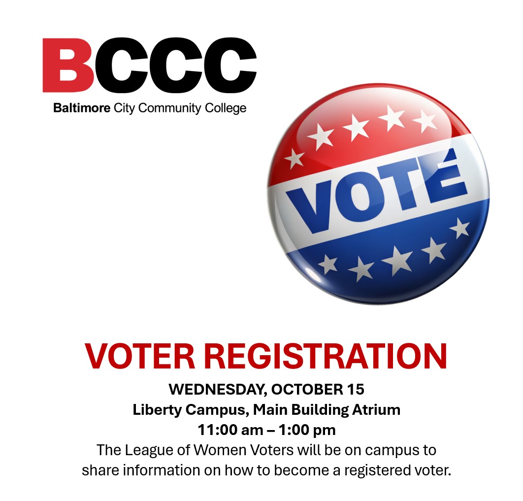 my_bccc's tweet image. Join BCCC and the League of Women Voters of the US on October 15 at the Liberty Campus, Main Building Atrium from 11:00 am - 1:00 pm to learn about how you can become a registered voter. #BCCC #registertovote #VoterRegistration
