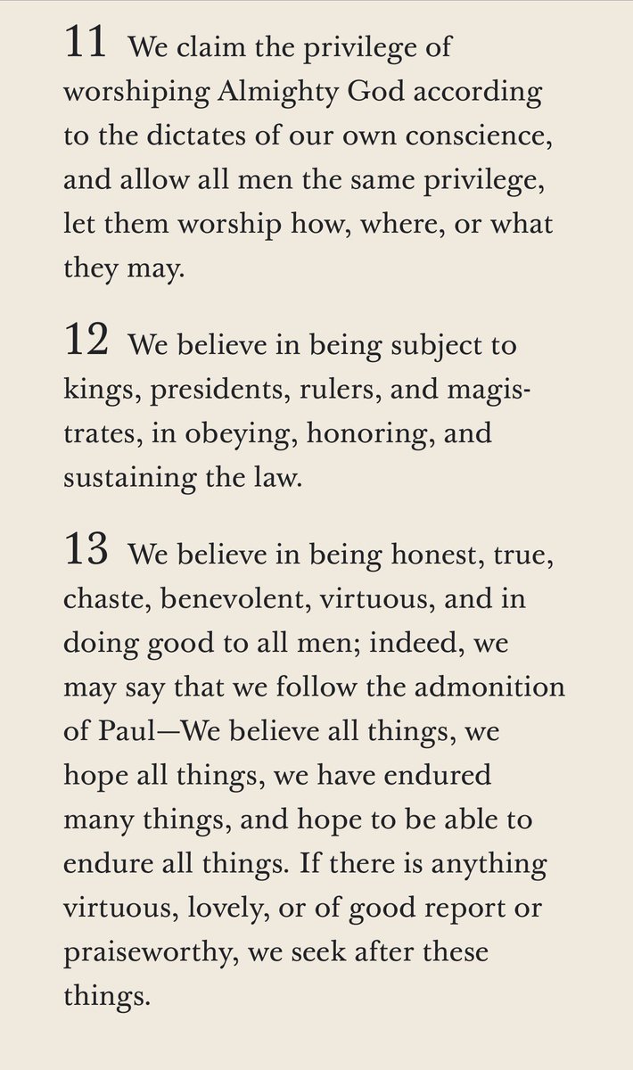erickmeza10's tweet photo. For those wondering what members of The Church of Jesus Christ of Latter-day Saints (“Mormons”) believe, here it is. Laid out in 13 simple “Articles of Faith” https://t.co/lFyRG14nKR