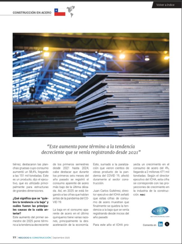🚀 El consumo de acero en Chile registra un repunte.

En <a href="/negocioyconstr2/">negocioyconstruccion</a> , Juan Carlos Gutiérrez, director de #ICHA, analiza el +28,3% del 1S 2025, los productos más demandados y las proyecciones para la industria.

📖 Te dejamos la nota completa!

#Acero #Construcción