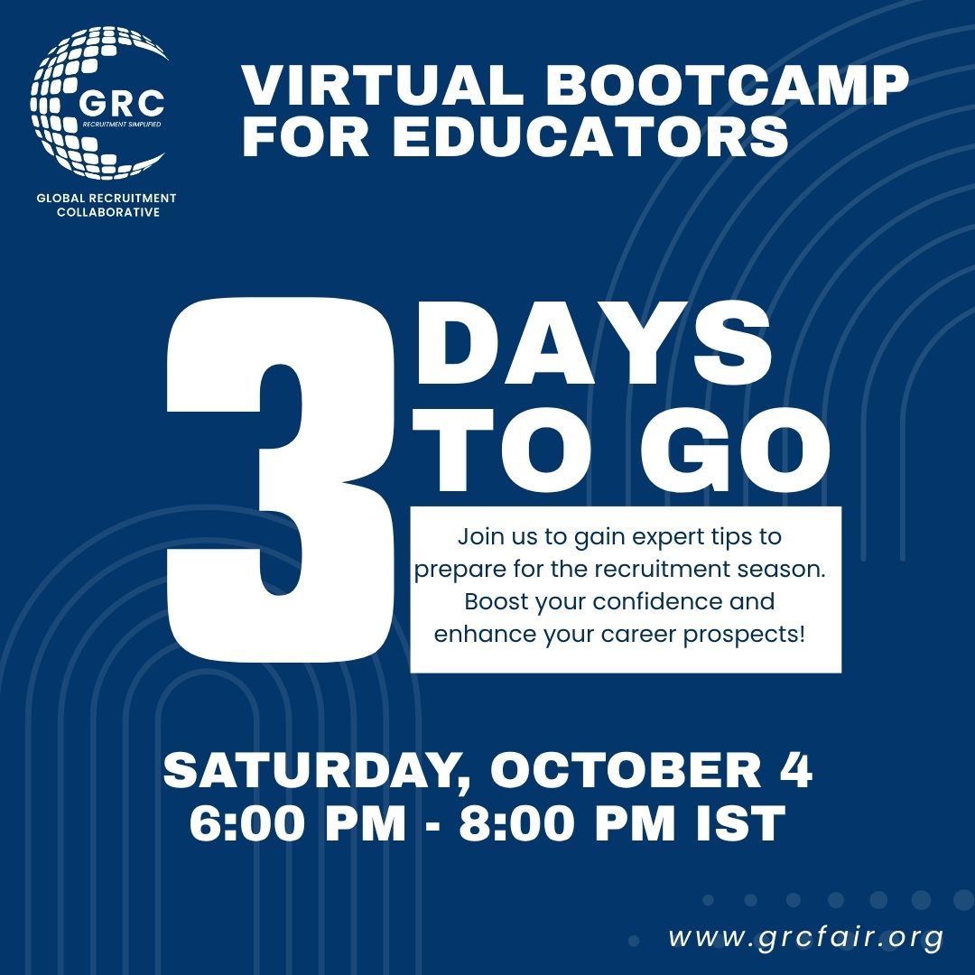 Just 3 days to go! Join our Virtual Boot Camp for Educators this Saturday and get expert tips to ace your interviews, boost your confidence, and get recruitment-season ready. Don’t miss out!

Register as a candidate to attend: grcfair.org
