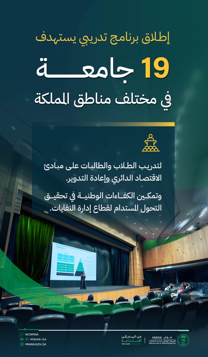 أطلق #موان مبادرة "برنامج تدريب طلاب وطالبات الجامعات السعودية على مبادئ الاقتصاد الدائري وإعادة التدوير"، والتي تستهدف طلاب جامعات المملكة للتعريف بأحدث التوجهات والتقنيات في مجال قطاع إدارة النفايات، وتمكينهم من تعزيز دورهم الفاعل في مسيرة الاستدامة البيئية والتنمية الاقتصادية.