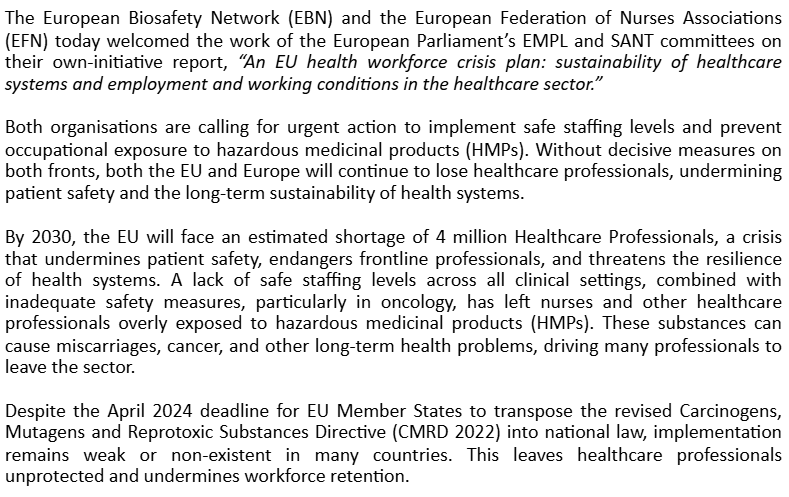 EUBioNetwork's tweet photo. Thanks to our partner, @EFNBrussels, for publishing our joint press release on the European Parliament’s EMPL and SANT committees report on healthcare working conditions. We call for action to implement safe staffing levels and to prevent HMPs exposure: https://t.co/1UPy6rDB1K https://t.co/W4xqJfRZxb