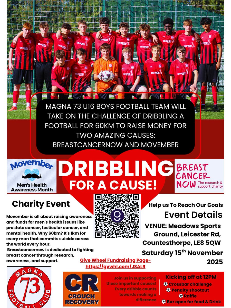 CrouchRecovery's tweet image. We are proud to support the Magna 73 U16 Boys Football Team who will be taking on the challenge of dribbling a football for 60km in support of Breastcancernow and Movember. ⚽

You can help them raise funds using the link below. ⬇️
gvwhl.com/JSALR

Go on, Lads! 👏