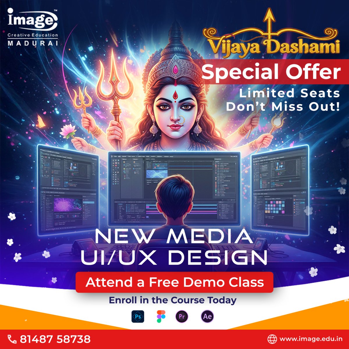 imagecourse25's tweet image. ✨ This #VijayaDashami, begin your creative journey with us! ✨
🎨 #NewMediaUIUX #DesignCourse – Limited Seats, Don’t Miss Out!
🚀 Attend a #FreeDemoClass & #explore your path to becoming a #design #professional📍 #ImageCreativeEducation, Madurai
📞 Call: 81487 58738