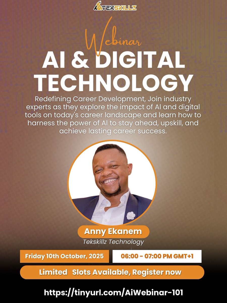 TekskillzTech's tweet image. 🌐 The future of work is digital. 

Join Tekskillz Webinar on AI &amp;amp; Digital Technology on Friday, Oct 10th (6–7 PM GMT+1) to learn how AI is reshaping career development. 

🔗 Register here: tinyurl.com/AiWebinar-101

#Tekskillz #tekskillztech #aicareerdevelopment #aiwebinar