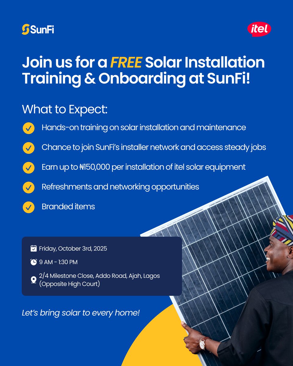 Solar Installers, where would you be on Friday? 👀

We have a FREE solar installation training happening this Friday at Ajah!

Come sharpen your skills, earn more money, and join our installer network.

🧏‍♀️ Secure your seat before someone else grabs it: forms.gle/bqvVrPeJbyJ3kS…