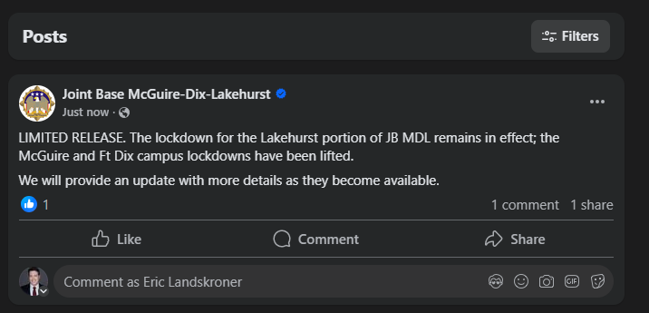 UPDATE ON LOCKDOWN AT JOINT BASE MDL.     Lockdowns lifted on McGuire and Dix, but Lakehurst portion-- still in effect.