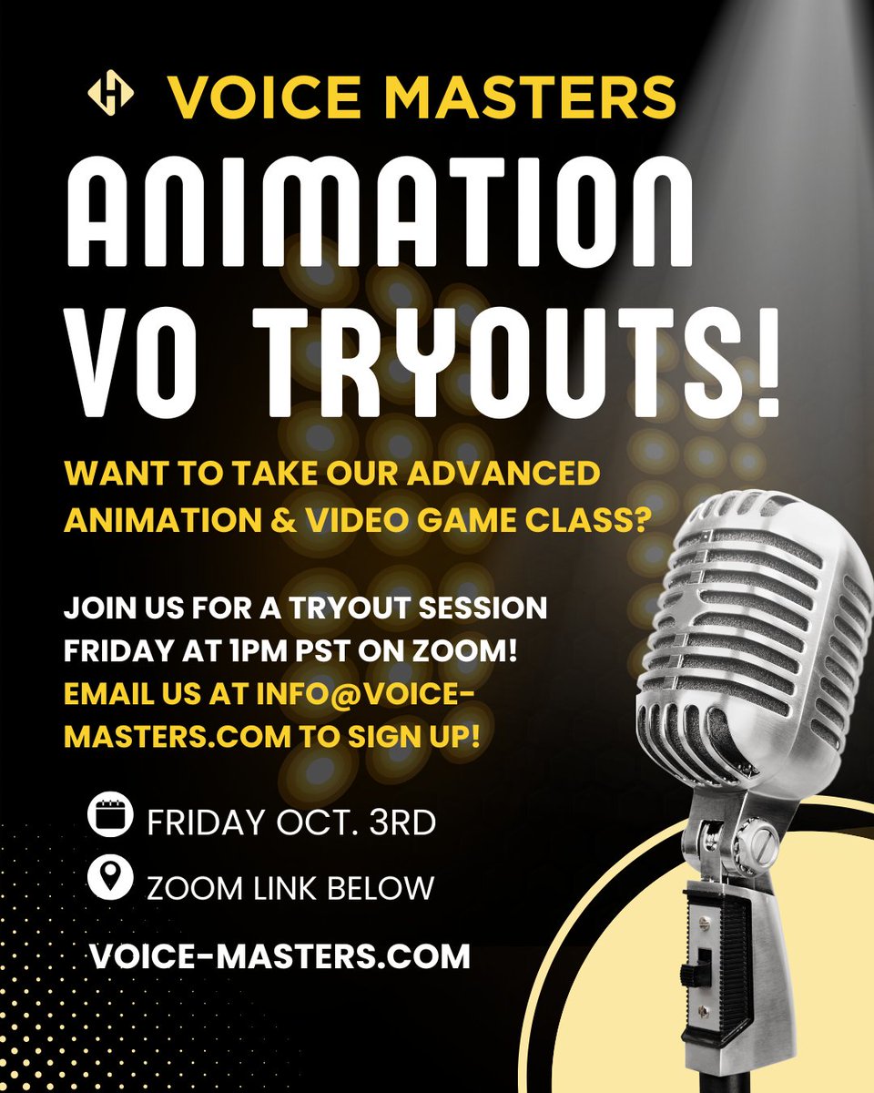 VOMasters's tweet image. 🚨 ADVANCED VO ACTORS – THIS ONE’S FOR YOU! 🚨
This Friday after Tales from the Booth we’re holding COLD READ TRYOUTS for our brand new class
🖥️ Join us on Zoom: bit.ly/TALESFROMTHEBO…
#VoiceOver #AnimationVO #VideoGameVO #ColdRead #VoiceMasters #AdvancedTraining