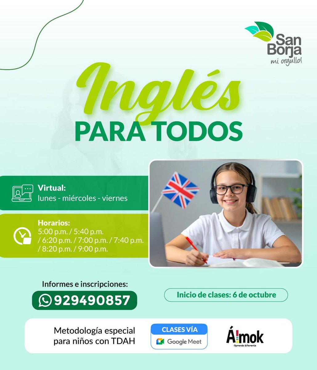 MunideSanBorja's tweet image. 🚀 ¿Buscas clases de inglés accesibles para todos?

Únete a nuestras clases #virtuales los lunes, miércoles y viernes adaptadas para niños con TDAH.

📅 Comenzamos el 6 de octubre
🟢 Inscríbete en el siguiente enlace 👉 forms.gle/5KWXo3YXkP8xyK…