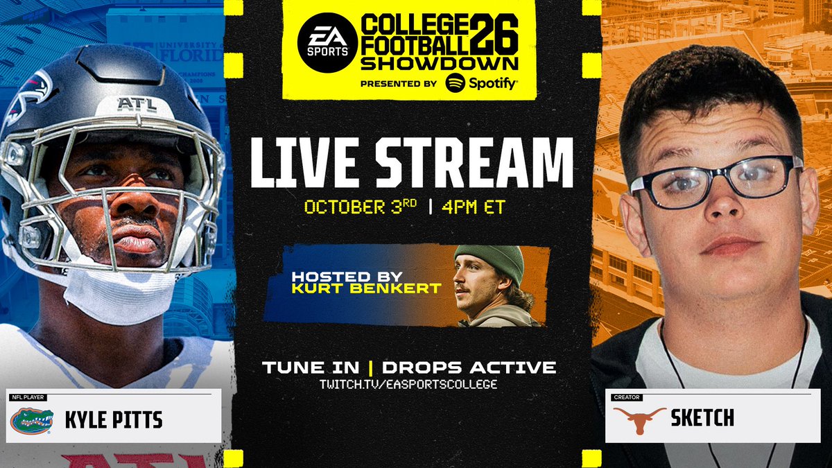 EASPORTSCollege's tweet photo. This Thursday. #CFB26 is landing in Gainesville!

✅ @thesketchreal One Play Fan Challenge
✅ @kylepitts__ vs. Sketch 1v1 (with livestream!)
✅ Athlete Meet &amp; Greet
✅ Consoles + merch + more giveaways! https://t.co/LrIBOlKSoT
