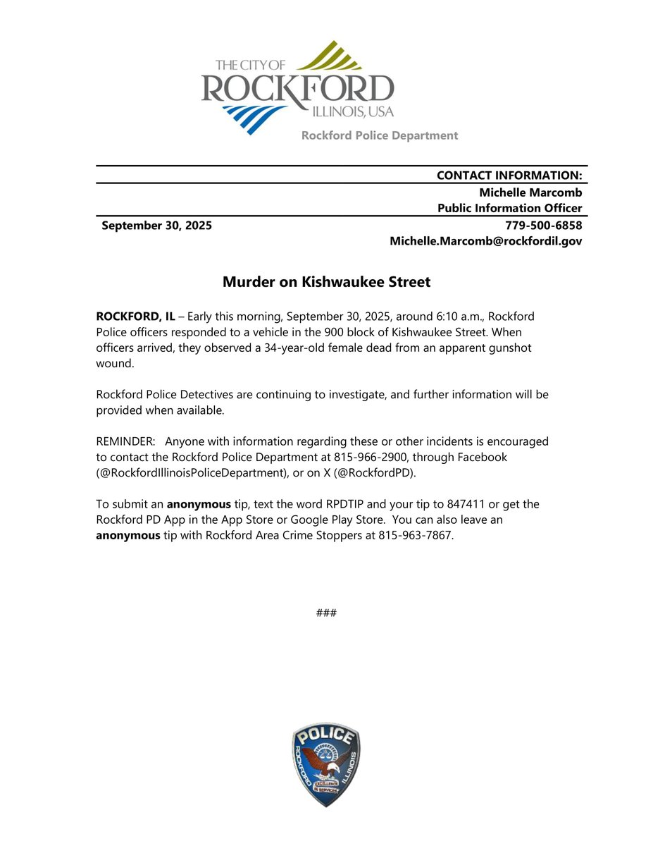 RPD RELEASE:  Murder on Kishwaukee Street