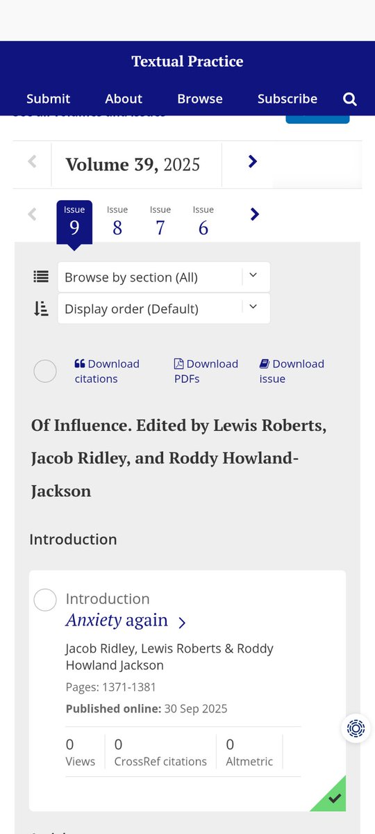 Great to see that our special issue of Textual Practice is now out with <a href="/WeAreTandF/">Taylor & Francis</a>! 💪🏼 Papers from our conference on literary influence, in honour of Bloom's Anxiety thereof.

Ft. Adam Phillips, <a href="/becimay/">Beci Carver</a>, <a href="/GorjiMina/">mina gorji</a>, <a href="/haughton_shaw/">Dr Eliza Haughton-Shaw</a>, <a href="/WNBurns/">William Burns</a>, Victoria Baena, and Hannah Fagan 🥳