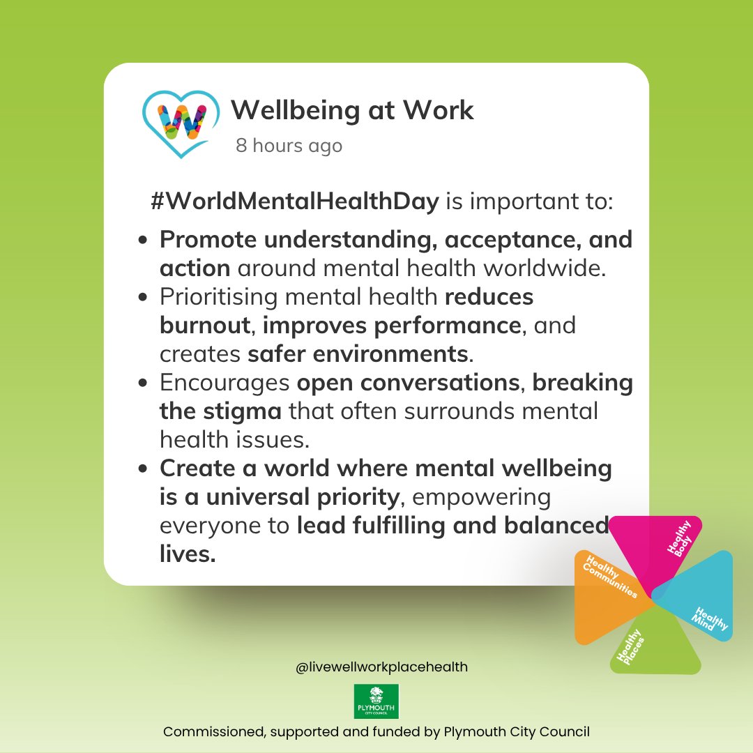 Livewell Workplace Health (Wellbeing at Work) (@wellbeing_work) on Twitter photo 🧠 Today is #WorldMentalHealthDay 💚
Let’s open up, reach out & break the stigma.
Mental health matters — today and every day.
<a href="/livewellsw/">Livewell Southwest</a> <a href="/oneyouplymouth/">One You Plymouth</a> <a href="/PHPlymouth/">Public Health Plymouth</a>
#MentalHealthMatters #EndTheStigma #Wellbeing 🧠 Today is #WorldMentalHealthDay 💚
Let’s open up, reach out & break the stigma.
Mental health matters — today and every day.
<a href="/livewellsw/">Livewell Southwest</a> <a href="/oneyouplymouth/">One You Plymouth</a> <a href="/PHPlymouth/">Public Health Plymouth</a>
#MentalHealthMatters #EndTheStigma #Wellbeing