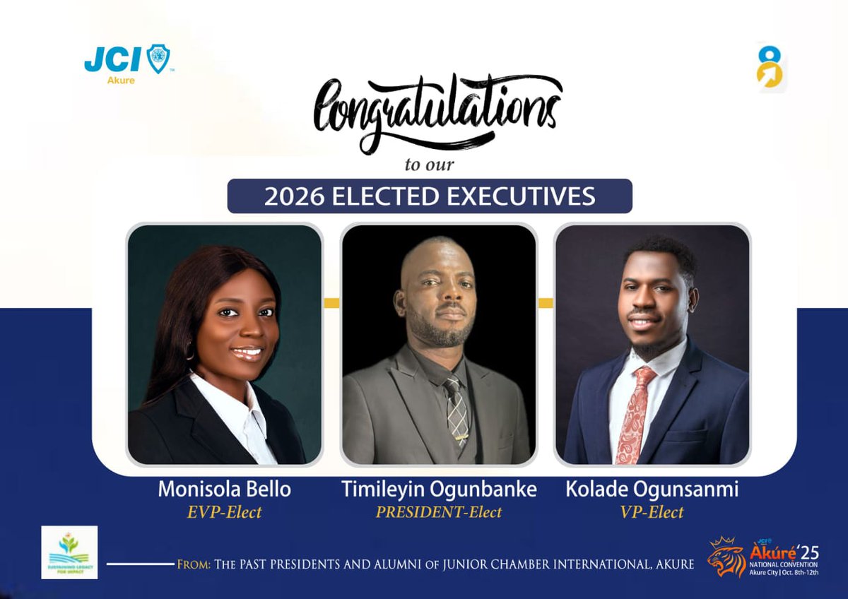 The alumni and the League of Past Presidents JCI Akure, extend warmest congratulations to the LO President, JCIN Amb. Bisola Aluko, Executive Board, Board of Directors, and entire JCI Akure family on successful conduct of the Annual General Meeting held on 28th  September, 2025.