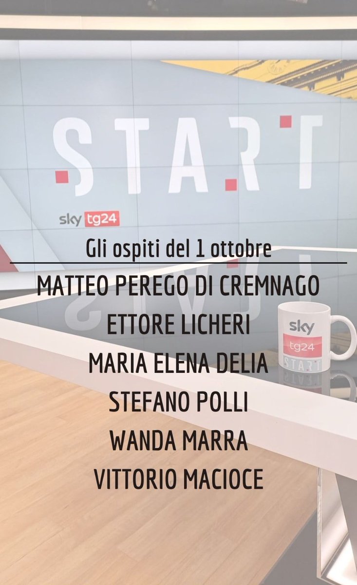 Domani a #Start saremo con <a href="/matteoperegodic/">Matteo Perego di Cremnago</a>, <a href="/ettore_licheri/">ettore_licheri</a>, Maria Elena Delia <a href="/FreedomFlotITA/">Freedom Flotilla Italia</a>, <a href="/SPolli/">stefano polli</a>, <a href="/WandaMarra/">Wanda Marra</a> e <a href="/VittorioMacioce/">Vittorio Macioce</a>. Come sempre in onda dalle 9:30 su <a href="/SkyTG24/">Sky tg24</a>. Vi aspetto!
