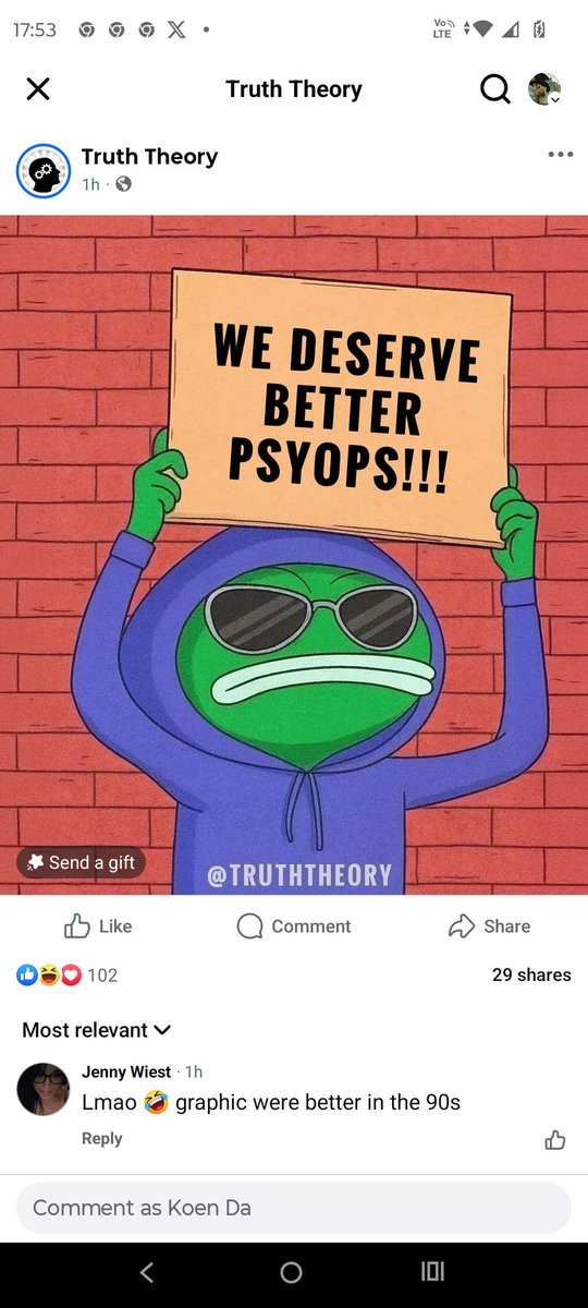 Truth theory 2.2 million followers 

Posted the <a href="/elonmusk/">Elon Musk</a> <a href="/ThePlagueNFT/">The Plague Of Frogs 🐸</a> meme on FB today...