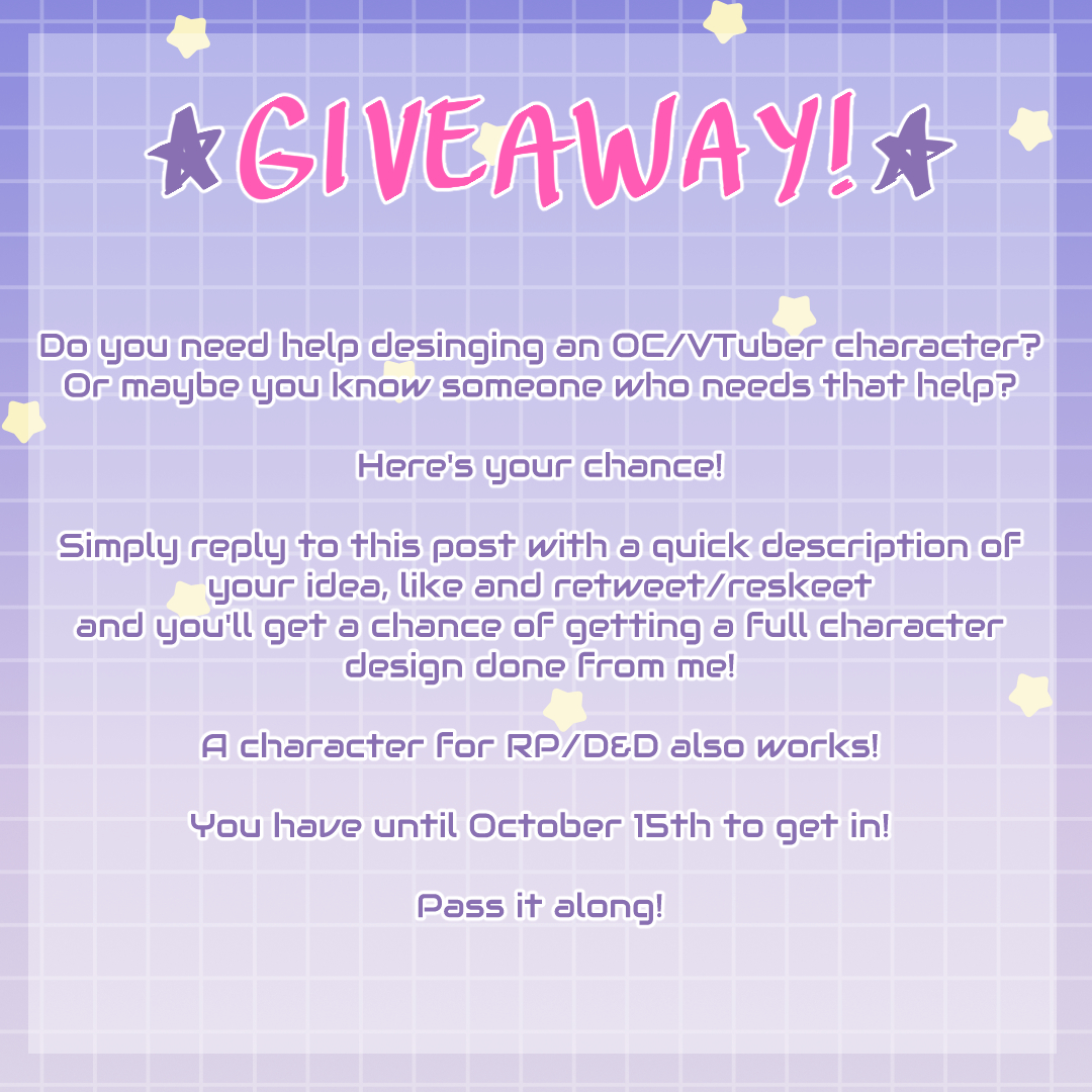CHARACTER DESIGN GIVEAWAY!

Just follow the instructions in this image!

#characterdesign #Giveaway #VTuberUprising