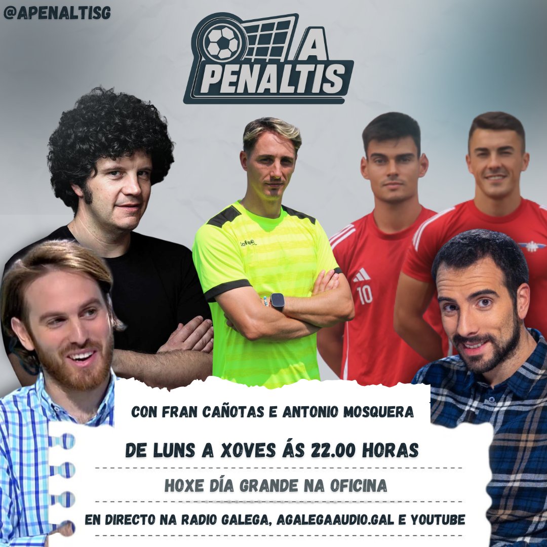 🚨Ollo, ollo, ollo! 🚨

🍳Programa collonudo no #APenaltis de hoxe na Radio Galega

👉 Xosé Antonio Touriñán e as súas artistadas
👉Iván Carril, míster da Sarriana
👉Yelco Alfaya e Diego Piña, do Alondras, para falar da protesta da pasada xornada

👀Vémonos ás 22.00 horas 👀