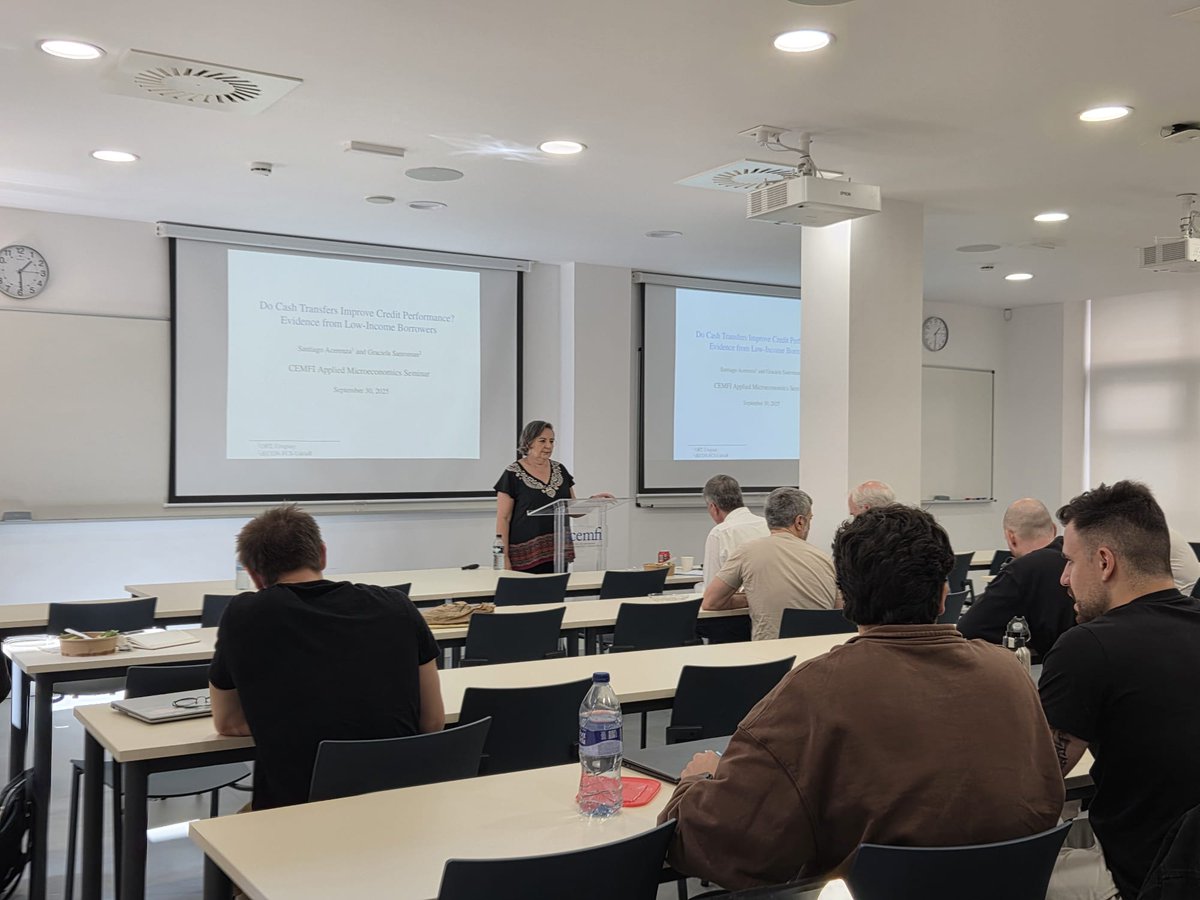 dECON (@decon_udelar) on Twitter photo Hoy nuestra compañera <a href="/gra_sanroman/">Graciela Sanroman</a> presentó en el Applied Microeconomics Seminar (AMiS) del CEMFI, Madrid🇪🇸 su trabajo en coautoría con Santiago Acerenza:
📝“Do Cash Transfers Improve Credit Performance? Evidence from Low-Income Borrowers”
Felicitaciones por la presentación👏 Hoy nuestra compañera <a href="/gra_sanroman/">Graciela Sanroman</a> presentó en el Applied Microeconomics Seminar (AMiS) del CEMFI, Madrid🇪🇸 su trabajo en coautoría con Santiago Acerenza:
📝“Do Cash Transfers Improve Credit Performance? Evidence from Low-Income Borrowers”
Felicitaciones por la presentación👏