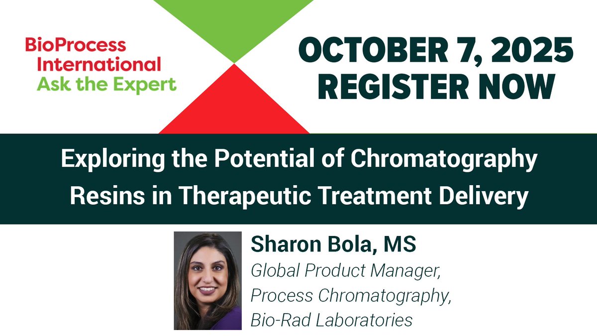 BioProcessIntl's tweet image. Please join us for a #BPIAskTheExpert on &quot;Exploring the Potential of Chromatography Resins in Therapeutic Treatment Delivery.&quot;

Date: Tues. October 7th at 11AM ET.

Featuring: Sharon Bola, MS, @BioRad Laboratories

Register Now:
spr.ly/6016ArrHa