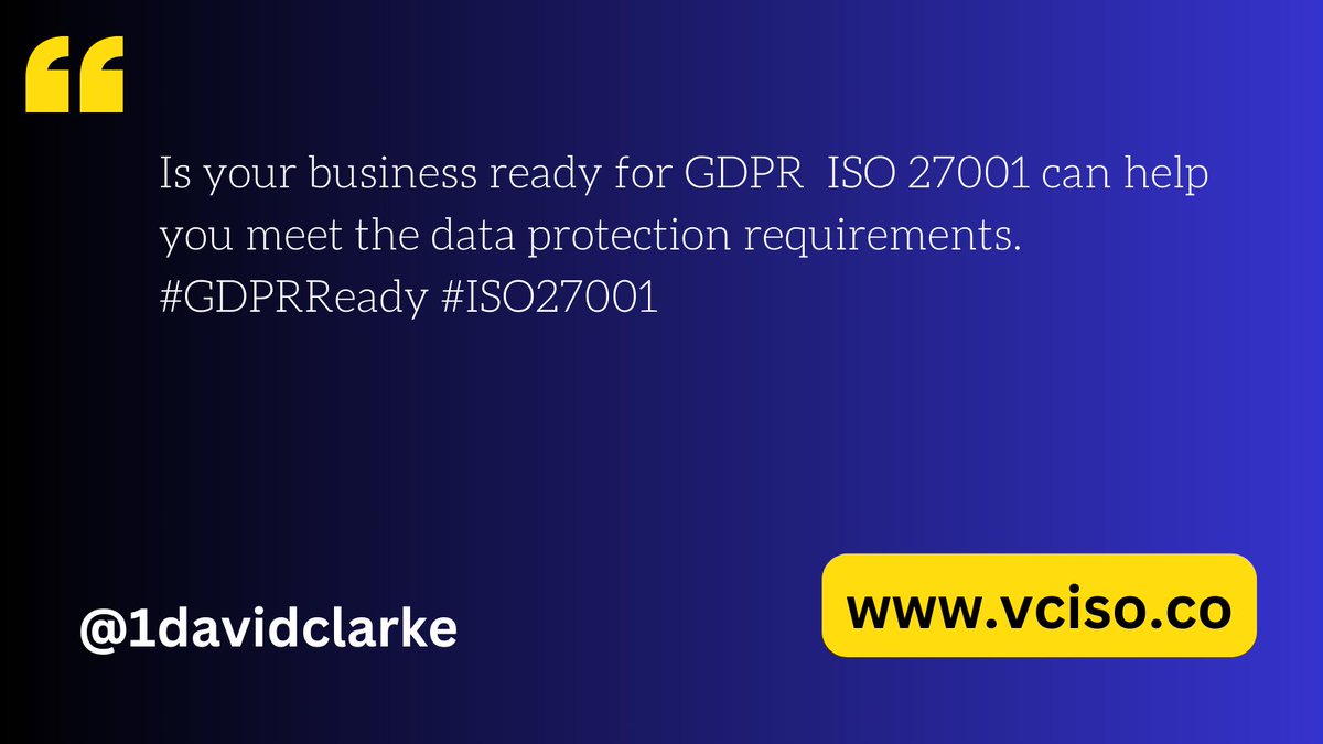 1DavidClarke's tweet image. Is your business ready for GDPR  ISO 27001 can help you meet the data protection requirements. #GDPRReady #ISO27001
vciso.co