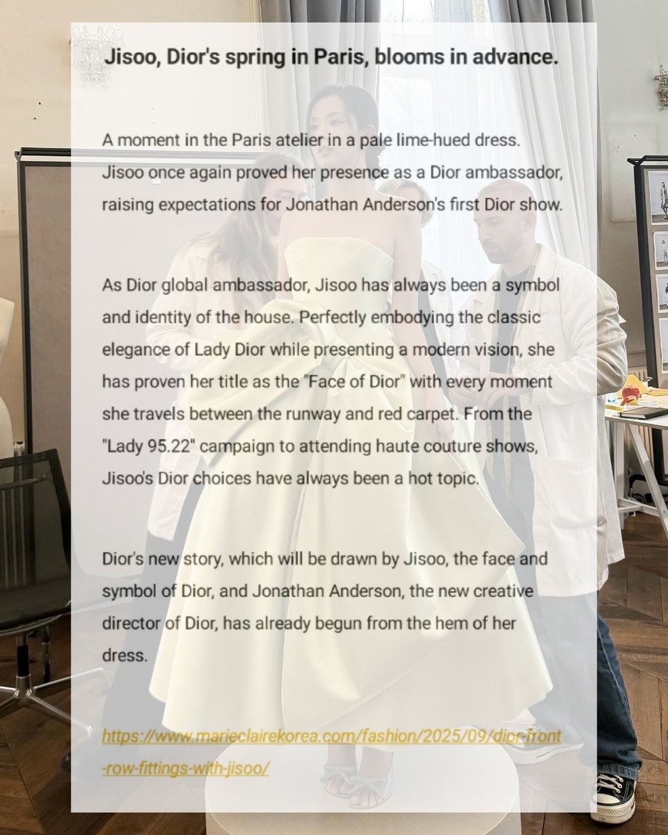 jisooschart's tweet photo. JISOO was mentioned in Marie Claire Korea's article about #DiorSS26

“As Dior global ambassador, #JISOO has always been a symbol &amp; identity of the house. Perfectly embodying the classic elegance while presenting a modern vision, she has proven her title as the 'Face of Dior'...” https://t.co/5jLXQLoQQc