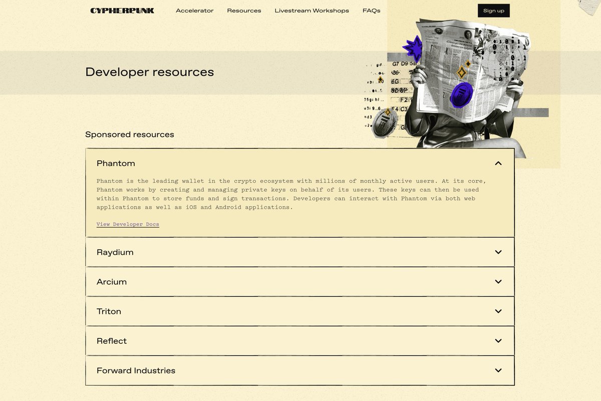 Screenshot of sponsored developer resources including Phantom, Raydium, and others