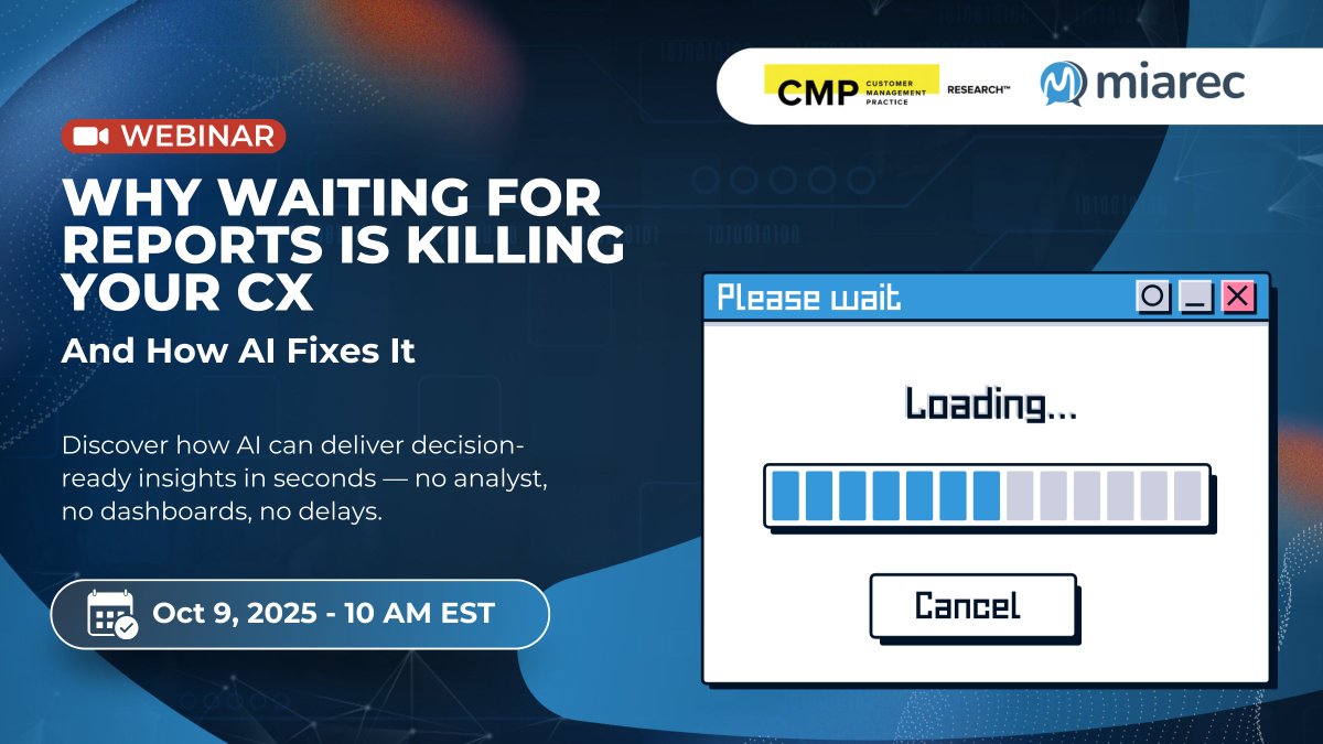 We’re unpacking how AI is helping teams do exactly that in our upcoming webinar with CMP Research.
👉 See what’s possible: hubs.la/Q03Lrgyv0

How long does it usually take you to get a full CX report? 
#CX #ContactCenter #CXinsights #Automation #AutoQA #Miarec #AI