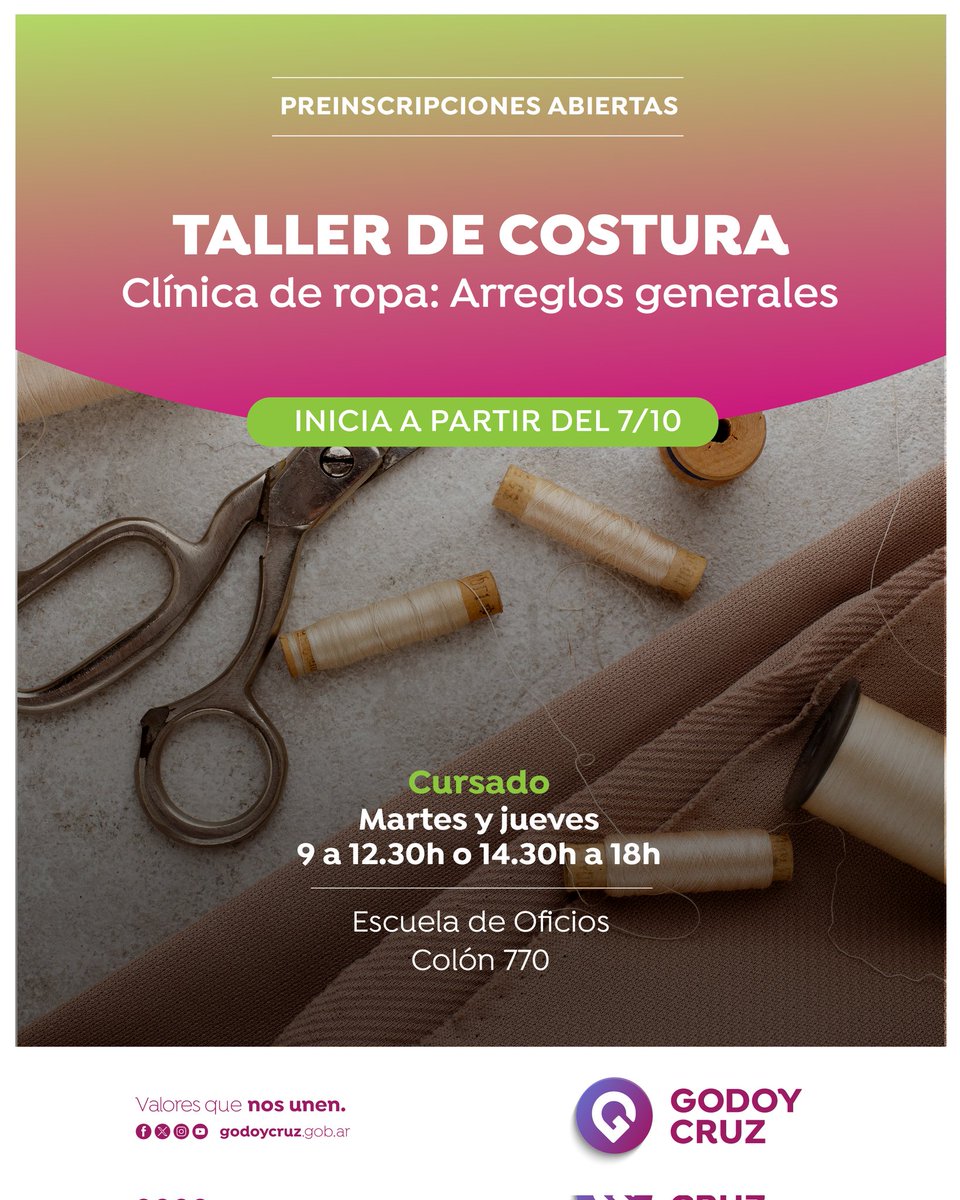 ✍️ Están abiertas las preinscripciones para taller de costura en la Escuela de Oficios.

👉 Está destinado a personas mayores de 18 años.
👉  Gratuito, presencial y con cupos limitados.
ℹ️ Más info: bit.ly/3ICvaNm