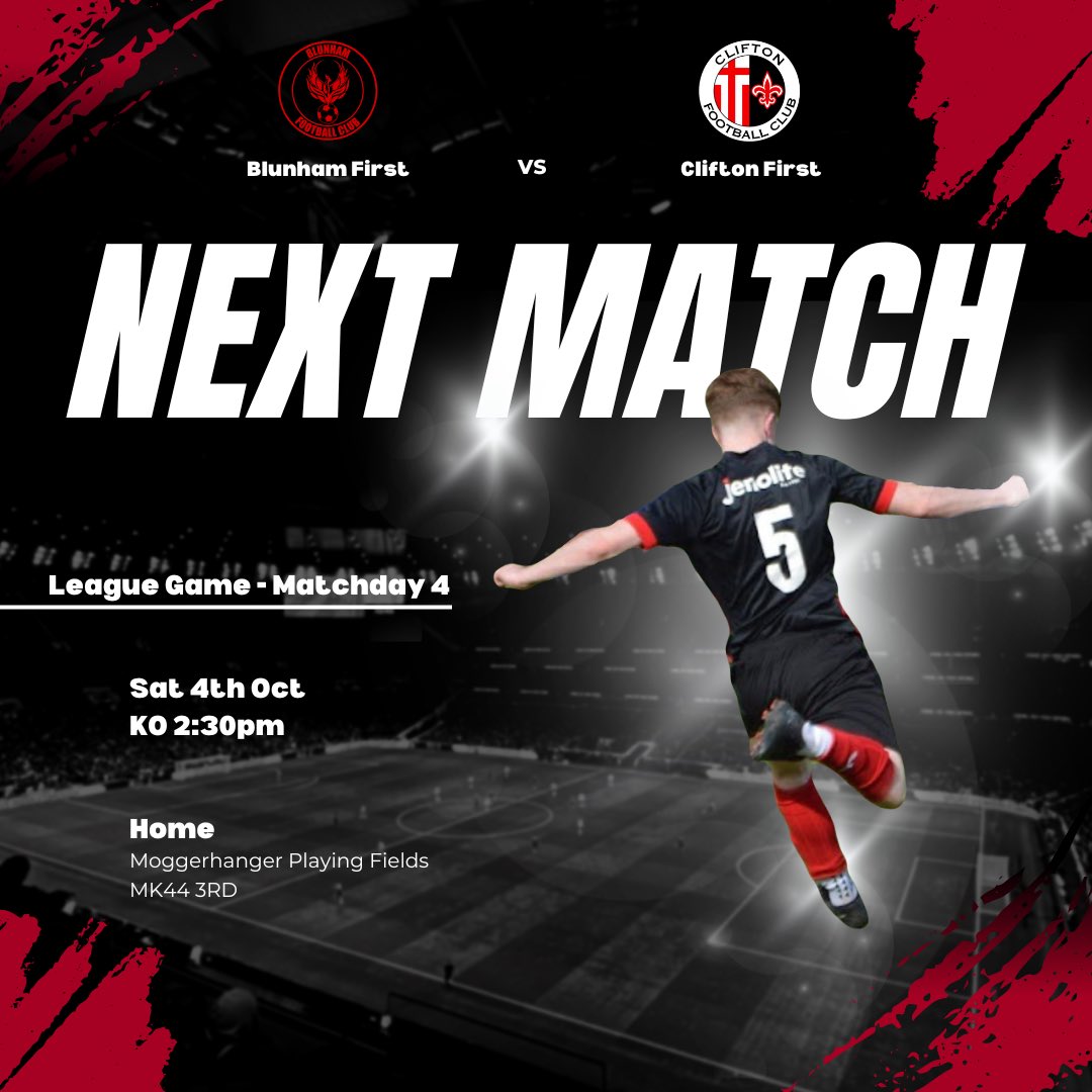 ⚽ Matchday 4 ⚽

We kick off October at home against Clifton First this Saturday! 🔥

Blunham First 🆚 Clifton First 

📍 Moggerhanger Playing Fields
🕑 KO 2:30pm

Let’s build on our unbeaten start and keep the momentum rolling! 💪🔴⚫️

#BlunhamFC #UpTheBlunham #Matchday4