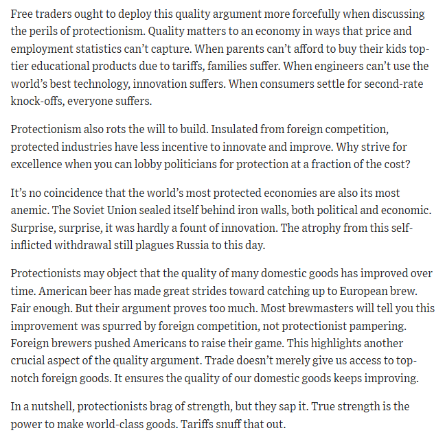 scottlincicome's tweet image. "Tariffs Mean You Pay More for Worse Products" wsj.com/opinion/tariff… 
"Quality suffers when we substitute self-reliance and hubris for the genuine expertise of others."