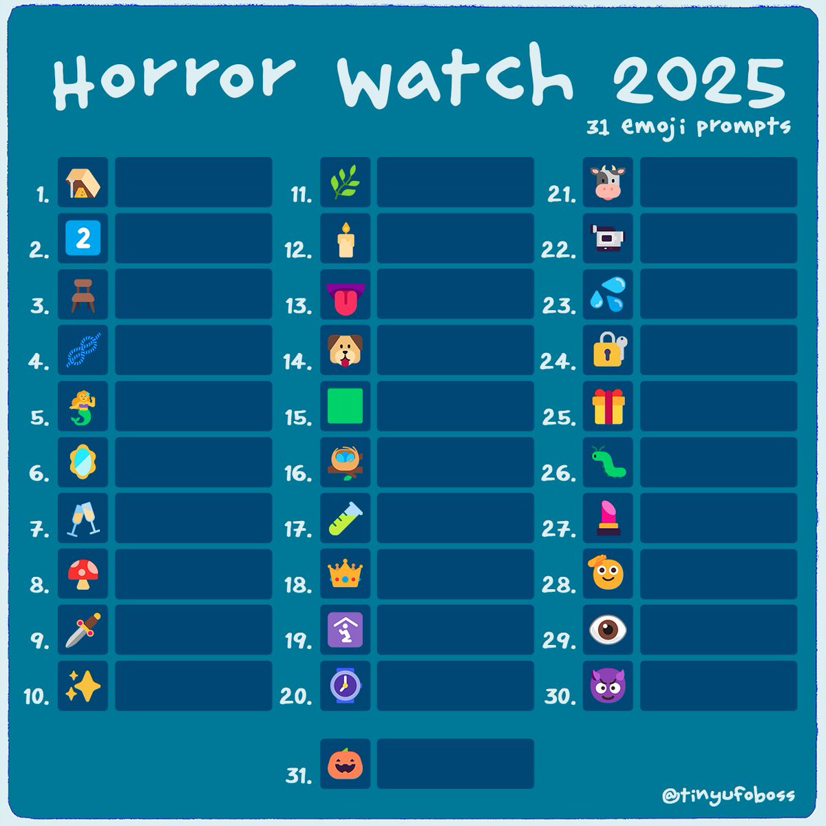 tinyufoboss's tweet image. October is upon us!! and that means horror movie watching! For fun, I put together a prompt list for the month based on emojis, join me if you desire :3
My recs for the prompts in the first image, then my own watchlist, and a blank if you want to put together your own!