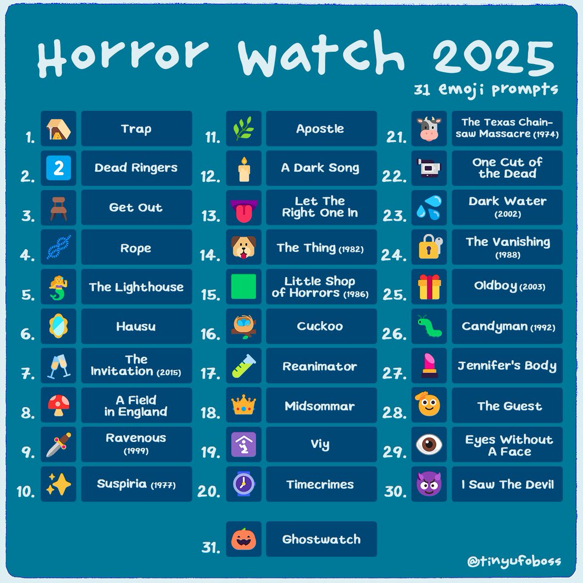 tinyufoboss's tweet image. October is upon us!! and that means horror movie watching! For fun, I put together a prompt list for the month based on emojis, join me if you desire :3
My recs for the prompts in the first image, then my own watchlist, and a blank if you want to put together your own!