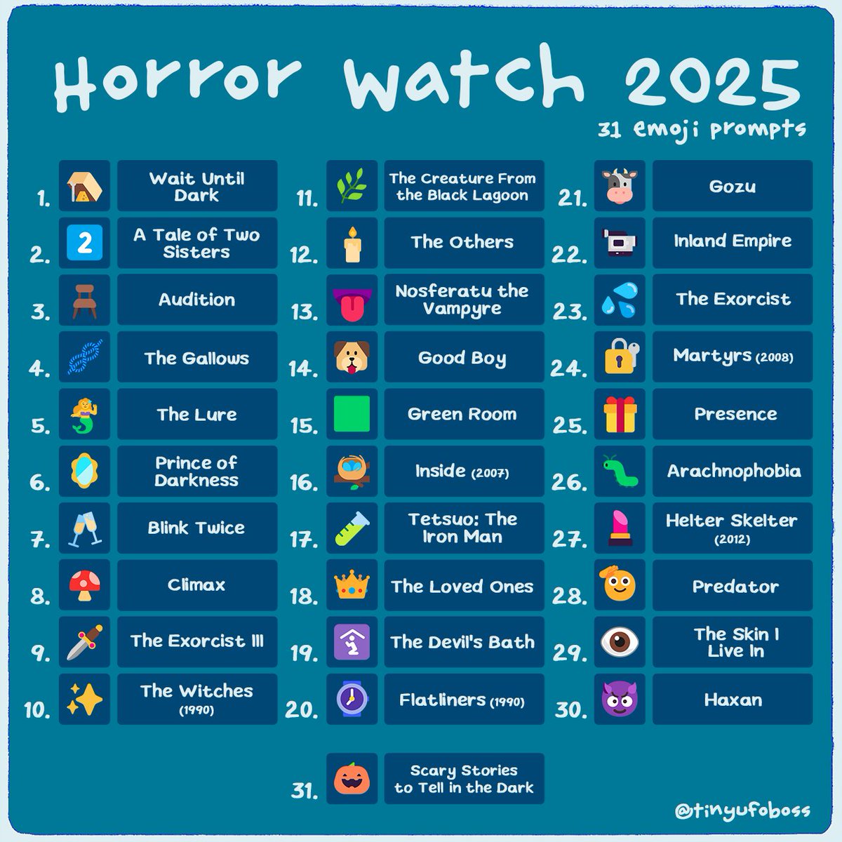 tinyufoboss's tweet image. October is upon us!! and that means horror movie watching! For fun, I put together a prompt list for the month based on emojis, join me if you desire :3
My recs for the prompts in the first image, then my own watchlist, and a blank if you want to put together your own!