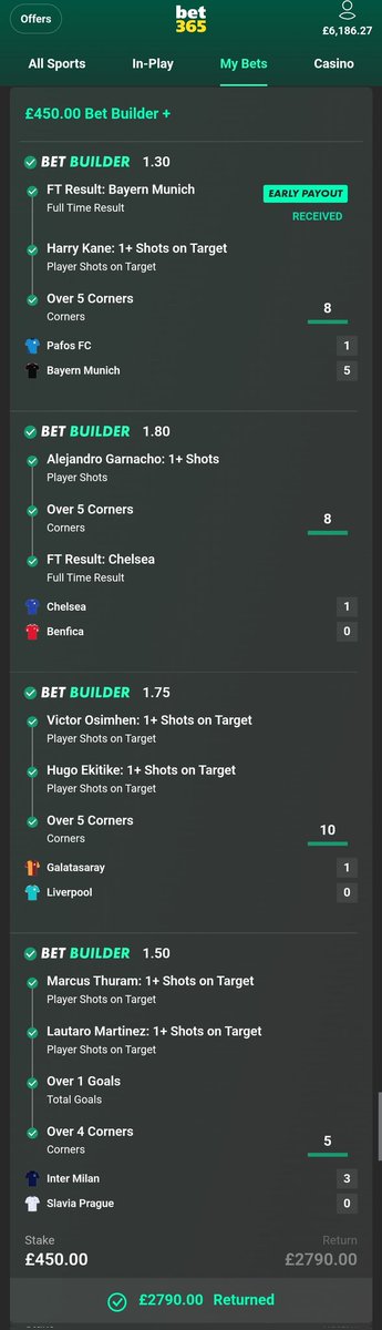 ProEdgeTips's tweet image. 💚 SAFE VIP BET BUILDER SMASHED! 💚
£450 Stake ➝ £2,790 Return ✅
Bayern, Chelsea, Inter all delivered with shots, goals &amp;amp; corners on point! 🎯

This is how you lock in profits the smart way 🔒💰

I’ll give £500 to 2 lucky people who ♥️likes, retweet and comment on this tweet