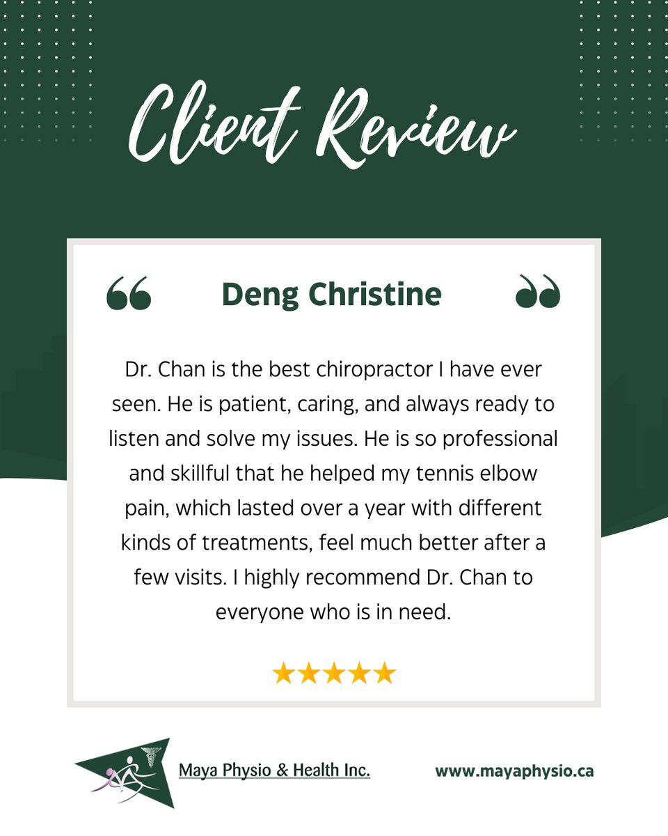 MayaPhysioInc's tweet photo. We’re so #grateful for our #patient’s #amazingfeedback!🌟.At our #clinic, we #pride ourselves on #listening, #caring, and finding the #bestsolutions for every #patientsneeds💪😊. https://t.co/pAlTnnpmoI
#PatientReview #PainRelief #TennisElbow #Healing #SpineHealth #BackPainRelief https://t.co/wkM8cndfoJ