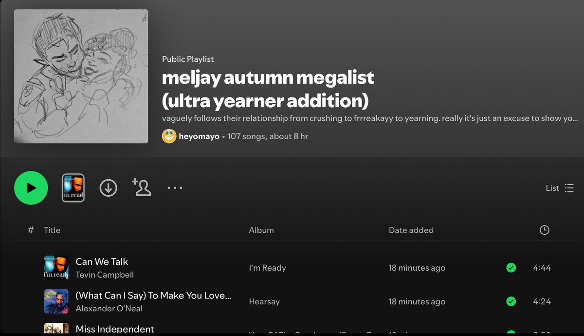 meyohayo's tweet photo. Day 6: 'Long Distance / Reunion'.
What's more long distancey/reuniony than a MELJAY YEARNING PLAYLIST?!? 8 hours of old RnB and Soul and stuff. Handmade and a mess!
Listen if you wanna: https://t.co/woQpSo65be
#meljayweek #meljayfallinloveweek https://t.co/4mI8BdRCLE