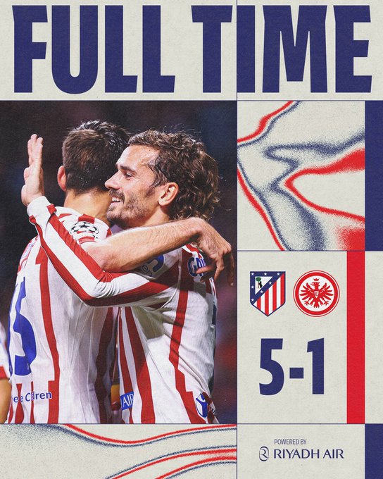 Two soccer players in Atlético Madrid jerseys with red and white stripes, hugging and celebrating. The text "FULL TIME" is prominently displayed at the top in bold, uppercase letters. A score of 5-1 is shown, along with logos of Atlético Madrid and Eintracht Frankfurt. Abstract red and blue wave patterns are visible in the background. The text "POWERED BY RIYADH AIR" appears at the bottom.