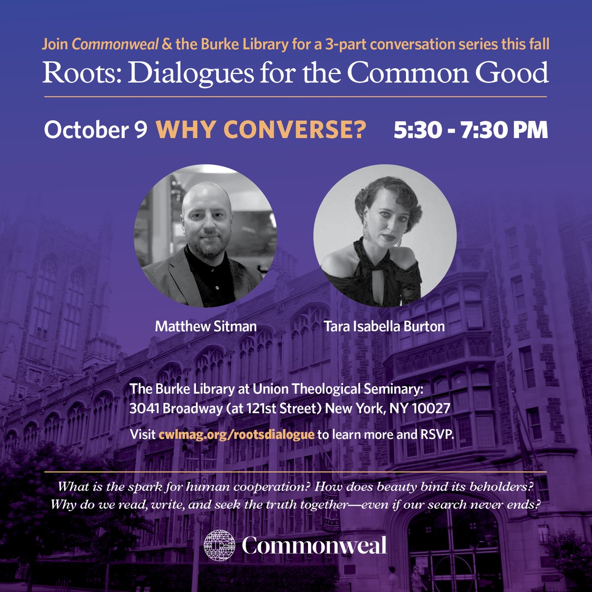New Yorkers FYII'm genuinely excited to be kicking off a 3-part series of <a href="/commonwealmag/">Commonweal Magazine</a> "dialogues for the common good"—Why converse? is the topic—with a great conversationalist, Tara Isabella Burton. Info to RSVP below,<a href="/KnowYrEnemyPod/">Know Your Enemy</a>