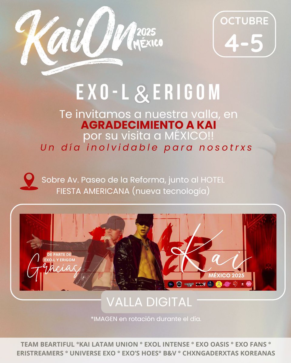 UnionExoLatam's tweet photo. ✨🐻 ¡GRACIAS KAI! ✨
EXO-L & Erigom unimos fuerzas para regalarle esta valla digital en Av. Paseo de la Reforma, CDMX 🇲🇽💫
Frente al Hotel Fiesta Americana, 4 y 5 de octubre.
Un recordatorio de que el 09.09.25 fue inolvidable 💕
#KAIONMéxico #KaiInMexico #EXOL #엑소 #KAION #KAI https://t.co/bLiSsXo64I