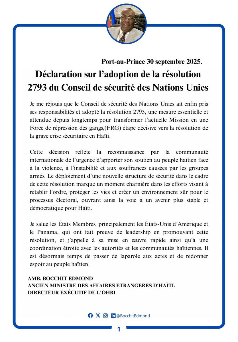 Ma déclaration suite à l’adoption de la résolution 2793 par le Conseil de Sécurité de l’ONU.👇🏿<a href="/ohridiplomatie/">Observatoire Haïtien des Relations Internationales</a>