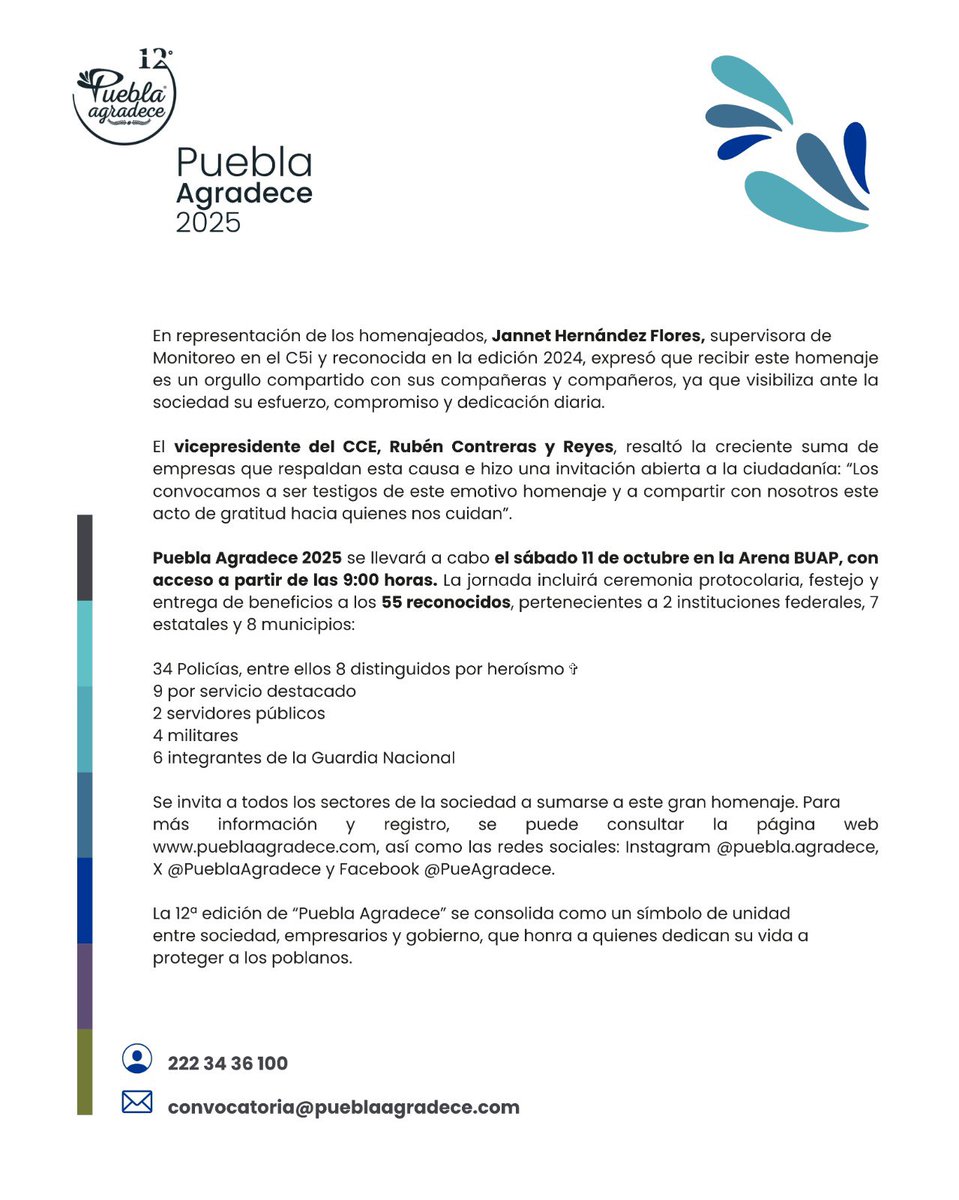 Puebla Agradece 2025 reconocerá a 55 héroes de la seguridad este 11 de octubre en la Arena BUAP.